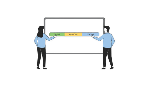 Colleagues pointing at a digital display board with status indicators for online updating and pending system processes.