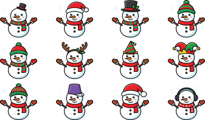 Fototapeta premium Cute Christmas Snowman Character Collection Vector Set