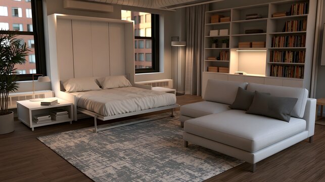 Modern minimalist bedroom with foldable bed  gray sofa  bookshelf  large   and wooden floor