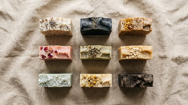 Nine artisanal, handmade soap bars with botanical toppings arranged in a 3x3 grid on a textured linen background.