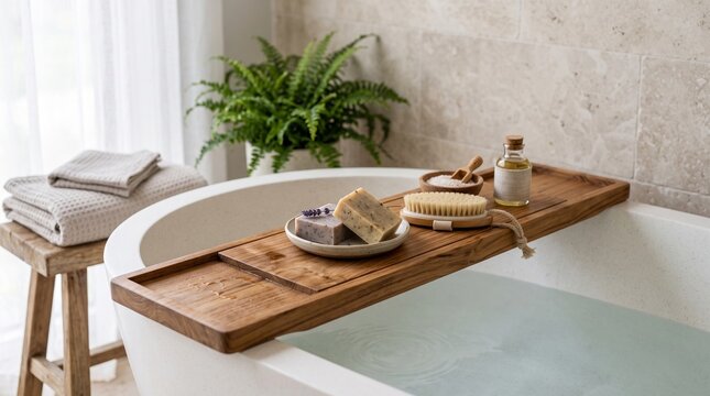Serene spa-like bathroom featuring a wooden bathtub caddy with handmade soaps, body brush, bath salts, and oils over a clean soaking tub.