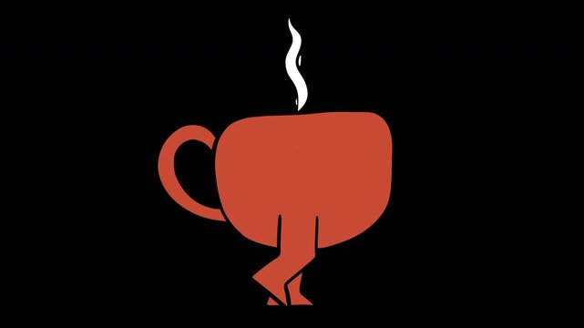 Energizing 2D cartoon animation of red coffee mug character with rising steam walking. Minimalist hand-drawn walk cycle isolated on black background, representing morning energy boost, cozy cafe break