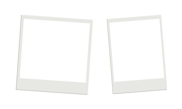 Two angled white polaroid style photo frames isolated on transparent background for creative collage photography.