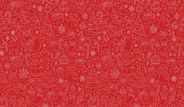 Christmas Doodle Seamless Pattern Red Holiday Background
