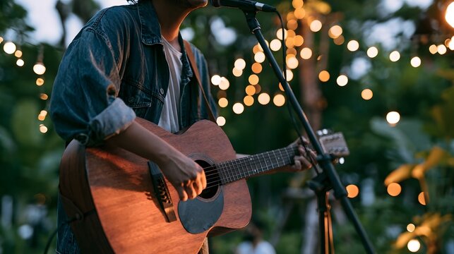 A person plays acoustic guitar while singing into a microphone outdoors at dusk with string lights in background