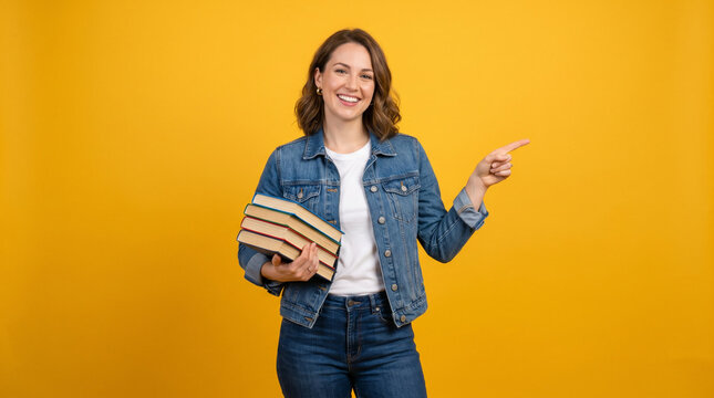 Woman holding books pointing finger against solid yellow background.
