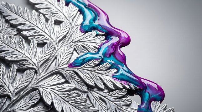 Premium commercial backdrop of matte metallic silver fern leaves with flowing high gloss liquid neon teal blue and ultraviolet magenta chrome fluid with random copy space