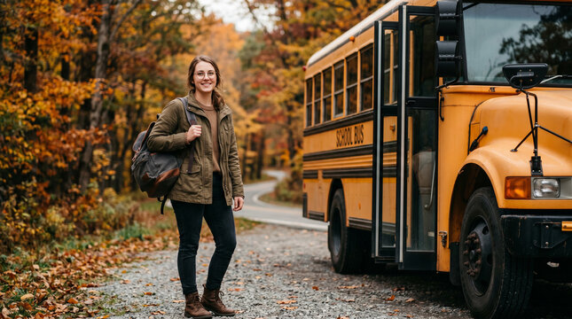 Woman standing next to yellow school bus on autumn road.