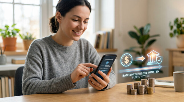 Woman using mobile banking app with digital finance icons overlay.