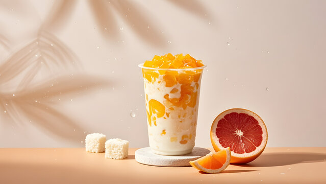 Transparent cup with orange jelly cubes and yogurt, grapefruit half beside
