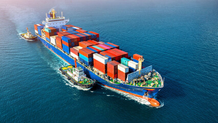 Aerial view of cargo ship with cargo container on sea © William