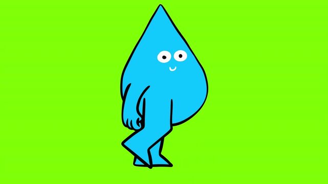 Adorable 2D cartoon animation of cute blue water drop character with smiling face and arms walking. Playful hand-drawn walk cycle on bright green background, ideal for eco-friendly projects, hydration