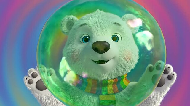 Cute cartoon polar bear blowing a large green bubble with colorful scarf