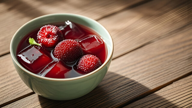 Red yangmei fruits in red jelly with ice cubes in green ceramic bowl