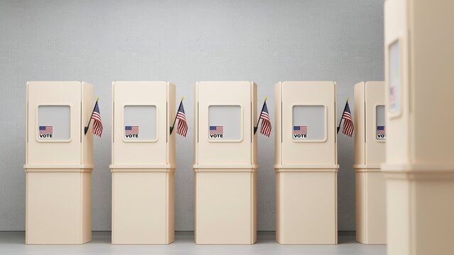 Private voting booths with american flags ready for democratic election day inside a polling station setup