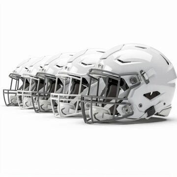 row of white american football helmets