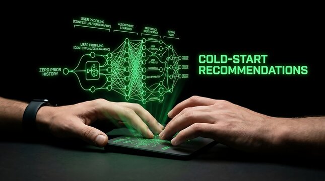 Hands interacting with futuristic green holographic AI recommendation system interface.
