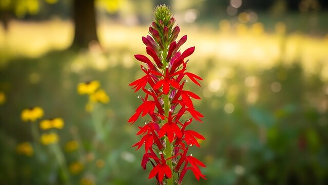 Red cardinal flower spike in summer garden with cardinal perennial botanical