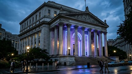 Fototapeta premium Historic neoclassical building illuminated at dusk with vibrant lighting.
