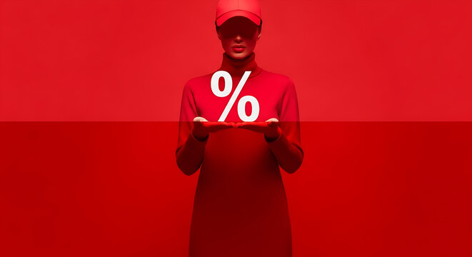 Woman in red holding a percentage sign on a red background