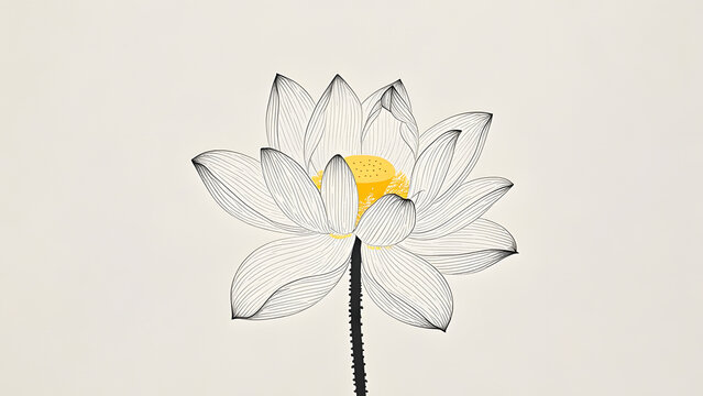 Line-drawn white lotus with yellow center on beige background