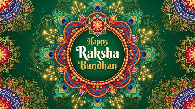 Festive raksha bandhan greeting with ornate rakhi and bokeh lights, floral patte