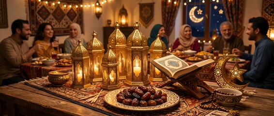 Obraz premium Family gathering for Iftar dinner with lanterns and dates during Ramadan