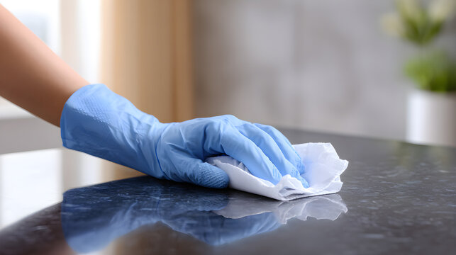 Detailed Close-Up of a Hand in a Blue Glove Cleaning a Countertop Surface with a Wet Wipe