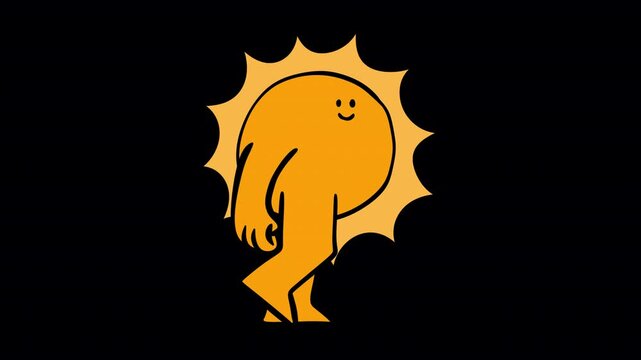Cheerful 2D cartoon animation of bright yellow sun character with smiling face and walking arms. Playful hand-drawn walk cycle on black background, representing summer, warmth, morning energy and happ