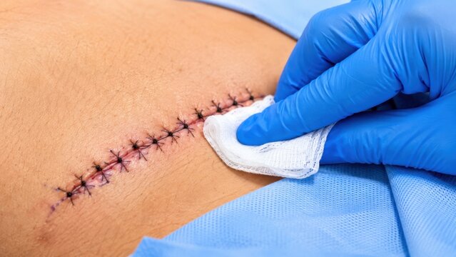Surgeon cleaning surgical incision with sterile gauze