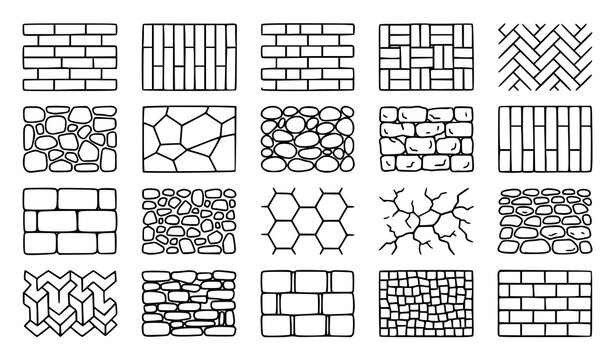 Minimal Black Outline Brick Wall and Stone Texture Doodle Icons Hand Drawn Vector Set