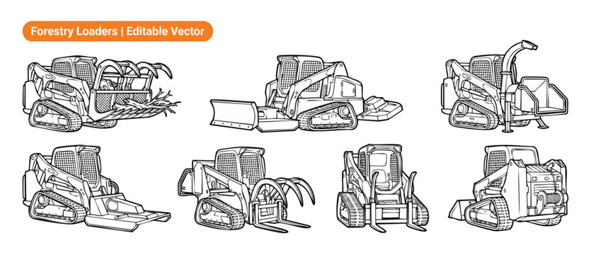 Forestry loader skid steer vector set with heavy machinery attachments like log grapple, chipper, dozer blade, and forks for logging, land clearing, and industrial construction isolated line art.