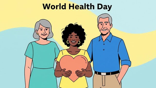 Diverse people celebrate World Health Day animation with heart symbol