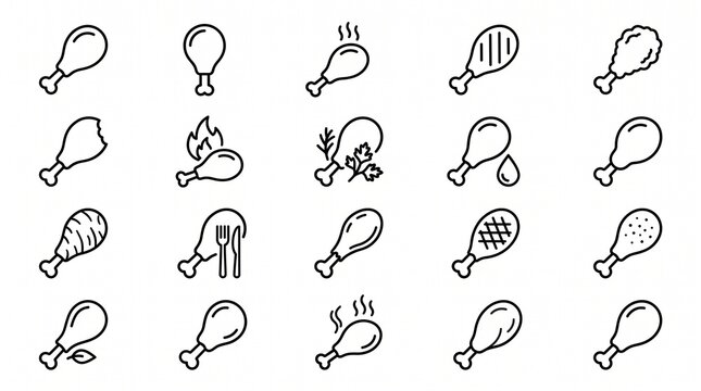 outline chicken drumstick icons symbolizing food, flavor, and simplicity in clean minimalist black‑and‑white vector illustration.