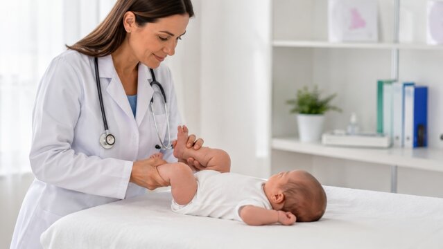 Female pediatrician checking newborn baby's hips