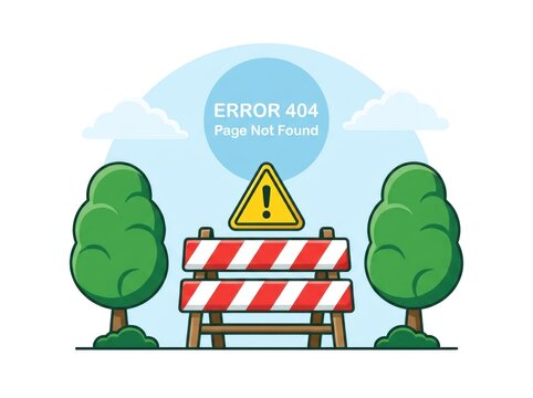 A roadblock with warning signs indicates a page not found error in a serene outdoor setting with trees.