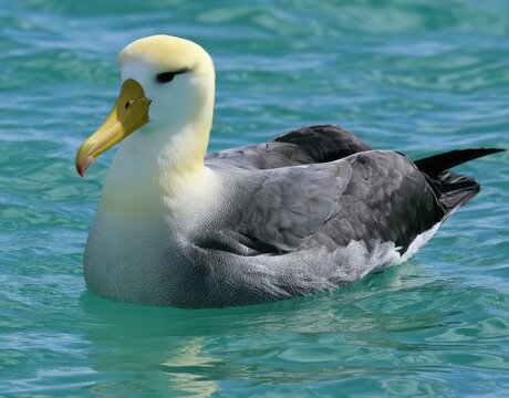 Capped albatross with yellow head and hooked beak floats on turquoise ocean water