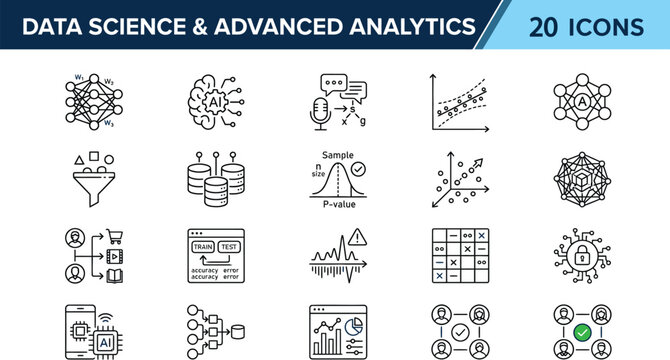 Data science and advanced analytics icons for business intelligence, machine learning, predictive modeling, data visualization, and statistical analysis tools for informed decision making and