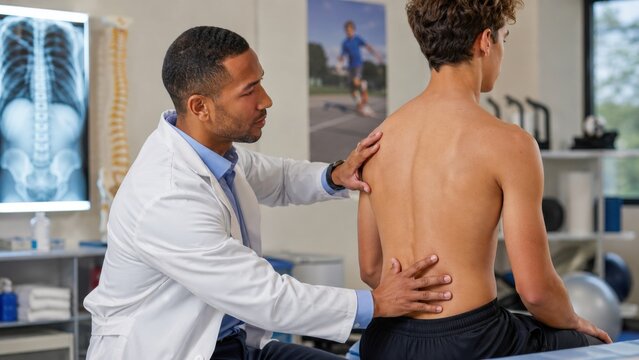 Orthopedist checking spinal alignment of teenage athlete