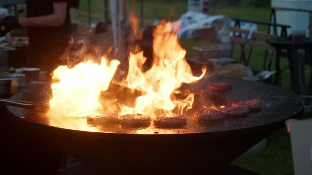 Juicy beef burger patties sizzle over open fire while chef presses meat against hot grill. Street food kitchen prepares fresh burgers during outdoor food festival.