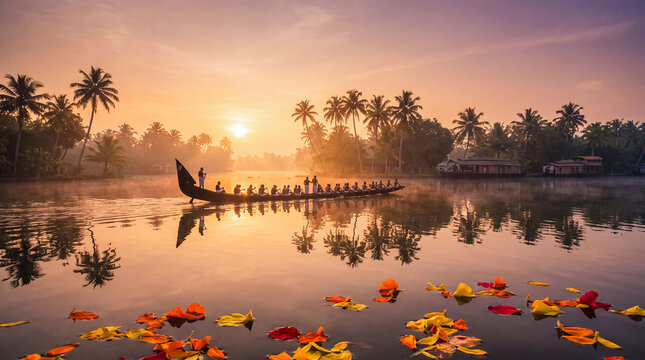 onam vallamkali snakeboat kerala backwaters sunrise festival background celebration landscape with a racing boat on tropical water for Kerala travel promotions cultural greetings and tourism campaigns