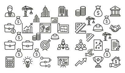 Fototapeta premium Business Development and Investment Mega Set – 28 Construction Finance Outline Vector Illustration