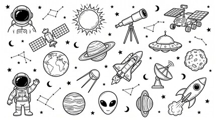 Fototapeta premium Hand Drawn Outer Space Line Art Clipart Set, Cute Doodle Astronaut and Rocket Ship Icons, Astronomy Cosmos Coloring Page Vector Illustrations, Universe Galaxy Planet Graphics