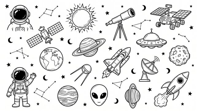 Doodle space elements. Hand drawn outer cosmos stickers. Sketch galactic objects, astronaut, planets, rockets, UFO, spaceships, stars, satellites. Vector astronomy universe set