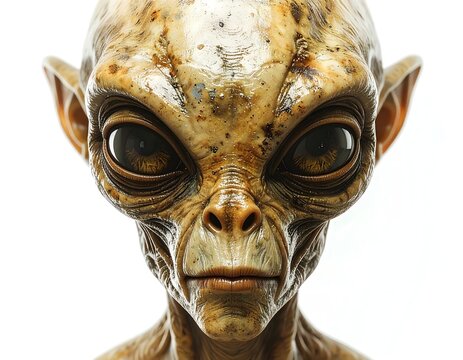 Realistic alien creature face with detailed textured skin and large dark eyes isolated on white