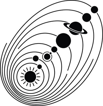 Abstract cosmic solar system planetary orbits alignment line art vector showing sun and planets in celestial trajectory.