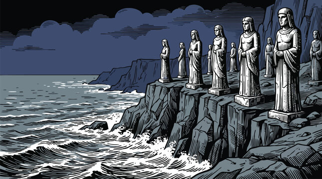 Row of warrior statues on rocky coastline with ocean waves vector illustration.