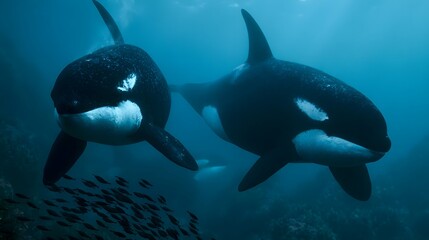 Obraz premium Two large orca whales swim gracefully underwater alongside a group of smaller fish in deep blue ocean waters