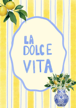 La dolce vita watercolor lemons and floral vase