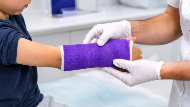 Doctor applying purple fiberglass cast to child's arm